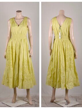 Elie Tahari V-neck Shirred Waist Cotton Midi Embroidered Side